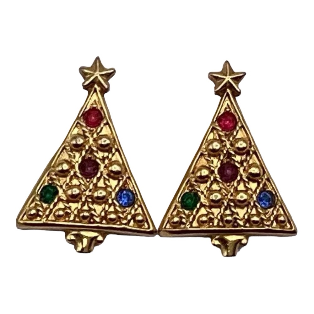 Christmas Tree Fashion Earrings Vintage Multi Colored Stones Gold Tone  1-3/4”